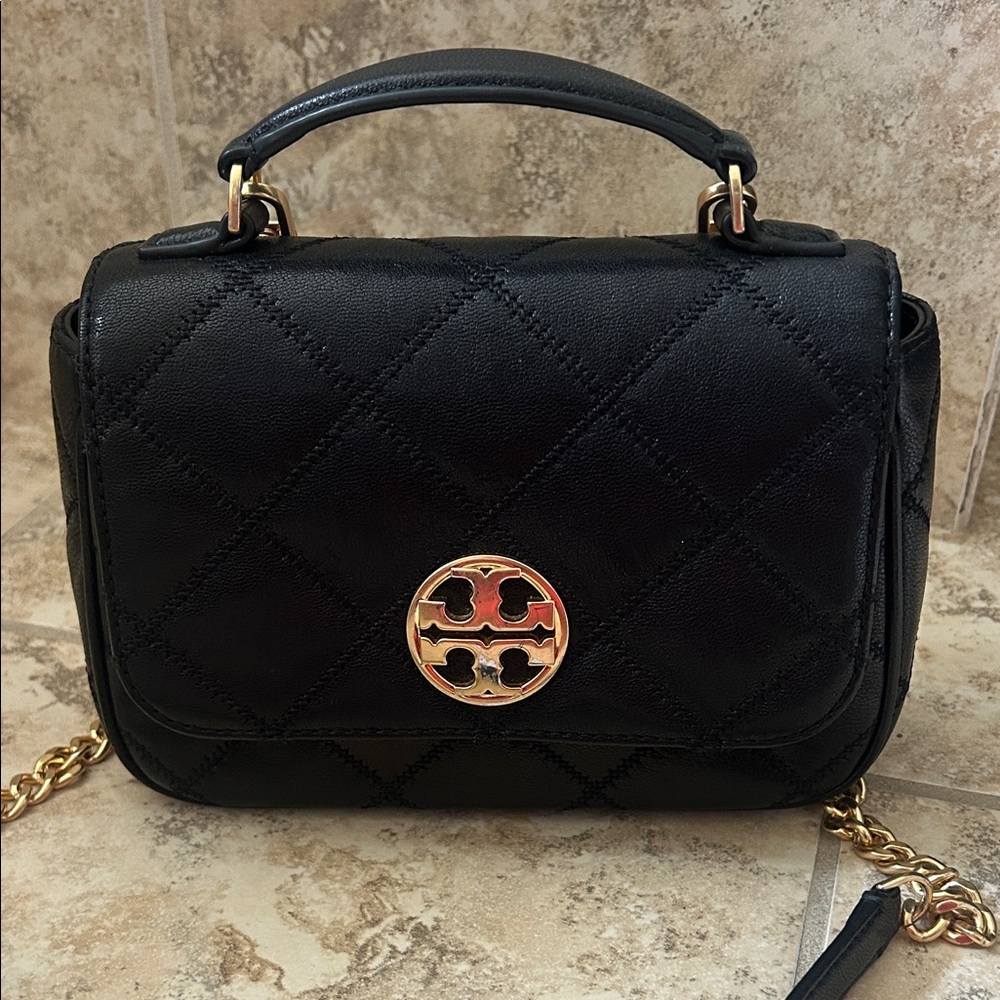 Tory Burch Black Quilted Top-Handle Crossbody with Gold Logo